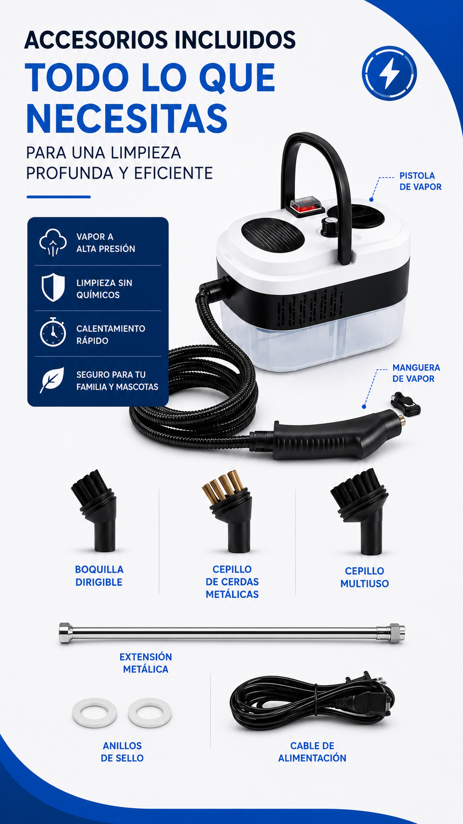 HydroForce 2500W – Limpiadora a Vapor Portátil de Alta Presión