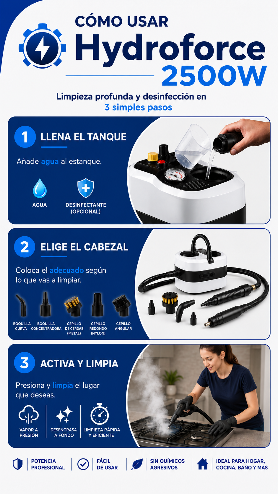 HydroForce 2500W – Limpiadora a Vapor Portátil de Alta Presión